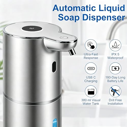 Automatic Soap Dispenser, Hand Soap Dispenser 12.8oz/380ml Smart Rechargeable, Liquid Soap Dispensers with 6-Level Touchless, Wall Mounted or Countertop Dish Soap Dispensing for Bathroom & Kitchen - color: Silver