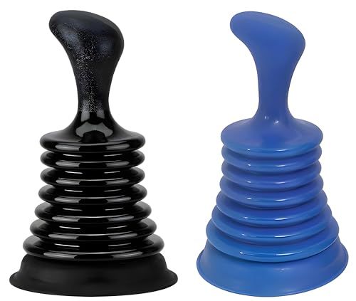 Mini Sink Plunger 2 Pack (Blue & Black), Powerful Bellows Clog Remover, Commercial Style Plumbing Tool for Kitchen & Bathroom Drains, Compact for Sink, Bathtub & Shower