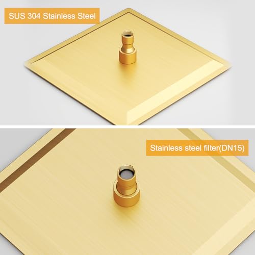 10 In Rain Shower Head High Pressure Rainfall Shower Head Brushed Gold | Square Rain Bathroom Showerhead, High Flow, Large Stainless Steel, Ceiling Mounted, Wall Mounted, Waterfall Full Body - color: Brushed Gold, size: 10 Inch