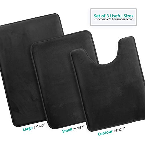 Clara Clark 3 Piece Bathroom Rugs Bath Mat Set, Velvet Memory Foam Bath Mats for Bathroom - Non-Slip, PVC Backing Bath Rugs, Washable - Dries Quickly, Black - color: Black