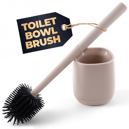 Silicone Toilet Brush and Holder Set - Cream RV Toilet Brush with Holder, Flexible Head, Soft Bristles, Detachable Handle and Freestanding Base, Compact Bathroom Cleaning Tool with Minimalistic Design - color: Cream