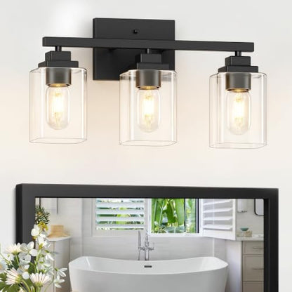 Matte Black Bathroom Vanity Light, 3-Light Modern Vanity Lighting Fixtures Over Mirror with Clear Glass Shade,Square Design,Wall Sconces for Living Room Cabinet Bedroom,E26 Socket - size: 3-Light