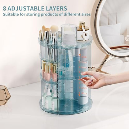 Rotating Makeup Organizer, DIY 8 Adjustable Layers Spinning Skincare Storage, Cosmetic Display Case with Brush Holder and Perfume Tray, Multi-Function Vanity Bathroom Countertop Organizer Clear Blue - color: Clear Blue