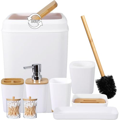 White Bathroom Accessories Set, 9 Piece Bathroom Accessory Set with Trash Can,Toothbrush Holder,Toothbrush Cup,Lotion Soap Dispenser,Vanity Tray,Soap Dish,Toilet Brush,Qtip Holder - size: Bath Set, style: White