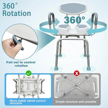 Shower Chair for Elderly and Disabled Adults, U-Shape Seat | 400lb Weight Capacity, Heavy Duty, Padded Armrests and Back, Height Adjustable