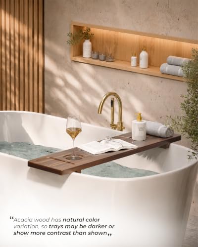 Acacia Wood Bathtub Caddy Tray 34.6" Adjustable Bath Tray for Tub | Bathtub Tray With Non-Slip Grip, Water-Resistant Wood & Stable Expandable Design Keeps Bath Essentials Secure & Within Reach - color: Walnut
