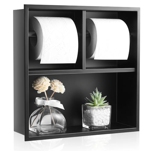Maxdot Recessed Dual Toilet Roll Holder, Matte Black in Wall Toilet Paper Holder with Storage, Bathroom Wall Niche Shelf, 304 Stainless Steel, Brushed Nickel - color: Matte Black