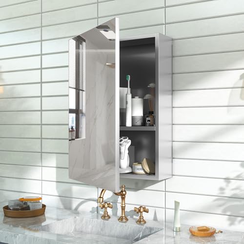14 x 18 Silver Medicine Cabinet, Aluminum Mirror Medicine Cabinet for Bathroom, Pre-Assembled Recessed/Surface-Mounted Medicine Cabinet, Tempered Frameless Mirror - color: Silver, size: 14 x 18