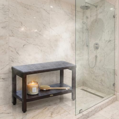 DecoTeak Eleganto 30" Teak Shower Bench with Shelf & LiftAide Arms | Shower bench with shelf supports up to 250 lbs and keeps towels, toiletries, and bathroom accessories neatly organized - size: 30" Length x 12" Width x 18" Height