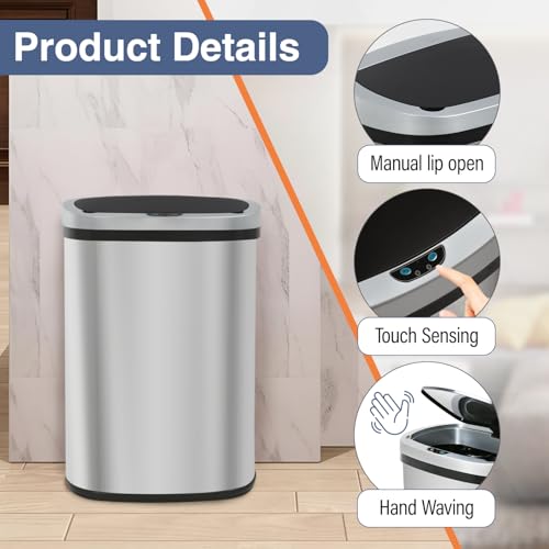 PayLessHere | 13 Gallon Stainless Steel Trash Can | Steel | Pack of 1 | Automatic Touchless Lid with Motion Sensor | Kitchen Garbage Can with Waterproof Design | for Home, Office, Bathroom - color: Stainless Steel