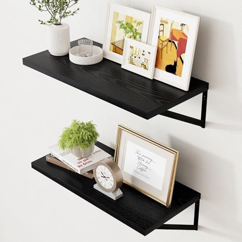 Deep Floating Shelves Black- 24 Inch Wide x 12 Inch Deep Wall Shelves Set of 2 - Black Wood Wall Shelves for Living Room Bedroom Laundry Room - color: Black, size: 24W x 12D