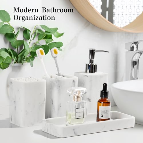 Bathroom Accessories Set, 4 Piece Toothbrush Holder Set Marble White | Bathroom Accessory Set with Soap Dispenser, Toothbrush Holder, Tumbler, Vanity Tray, Bathroom Sink Set for Modern Home Decor - style: White