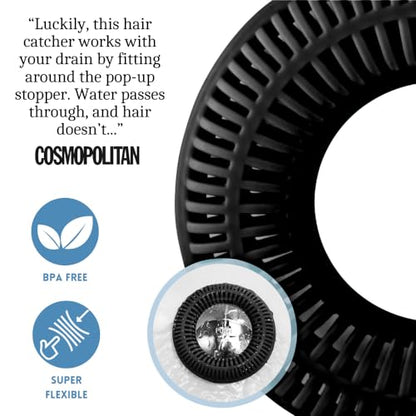 TubRing Pop-Up Drain Protector & Strainer Silicone Hair Catcher, Black | Easy snap-in design fits around bathtub stoppers. Customizable utility guard for clog prevention. Fits 1.85"- 2.16" drains. - color: Black