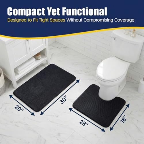 Muddy Mat® CloudStep Bathroom Rugs 2 Piece Set, Non Slip Bath Mats for Bathroom, Absorbent Memory Foam Chenille, Machine Washable Quick Dry Toilet Rug Set, Black 20"x30" + 20"x20" U-Shaped - color: Black