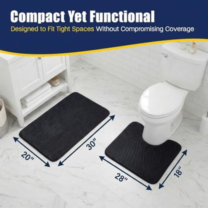 Muddy Mat® CloudStep Bathroom Rugs 2 Piece Set, Non Slip Bath Mats for Bathroom, Absorbent Memory Foam Chenille, Machine Washable Quick Dry Toilet Rug Set, Black 20"x30" + 20"x20" U-Shaped - color: Black