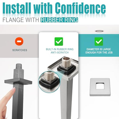 Brushed Nickel Shower Arm with Flange and Teflon Tape for High Ceiling or Fixed Rain Showerhead, Universal Connection 16-inch Square Straight Shower Head Extender Extension Pipe, 304 Stainless Steel - color: Brushed Nickel, style: 16inch