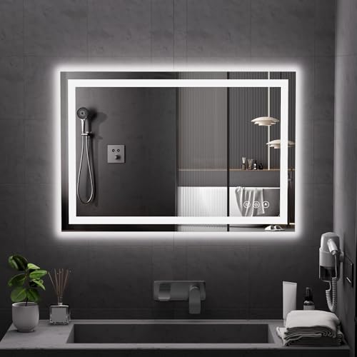 Koonmi 38x26 LED Bathroom Mirror, Shatterproof Mirror with Light | 90CRI Vanity Mirror with Anti-fog Backlit + Front Lit, 3 Color, Easy Install for Bathroom Hotel (IP65) - size: 26"L x 38"W