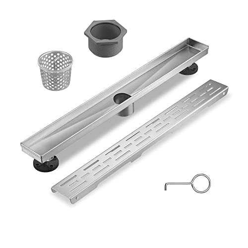Sharp-tec Linear Shower Drain, 28 inch Shower Drain with Removable Pattern Cover, Brushed Nickel 304 Stainless Steel Rectangle Floor Drain, Adjustable Feet and Hair Strainer Included (Model 101) - color: Brushed Nickel, size: 28 inch