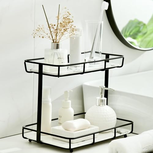 Bathroom Organizer Countertop Perfume Organizer Makeup Organizer Cosmetics Storage Display Rack Vanity Tray Dresser Stainless Steel Gold Shelf White Marble Ceramic Tray (2 Tier L-Black) - color: 2 Tier L-black