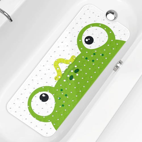 PRATIQUE Kids Bath Mat for Tub Non Slip，40 X 16 Inch Extra Long Kids Bathtub Mat Frog Bathtub Shower Mat Safety Anti Slip with Suction Cups and Drain Holes, Machine Washable - color: Frog
