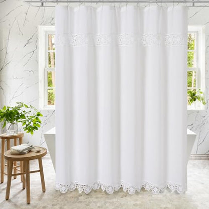 Extra Long Boho Farmhouse Shower Curtain Set with Liner, Linen Bohemian French Country Bath Curtain 72x84 - White - color: White-liner Set, size: 72"W x 84"L (Pack of 1)