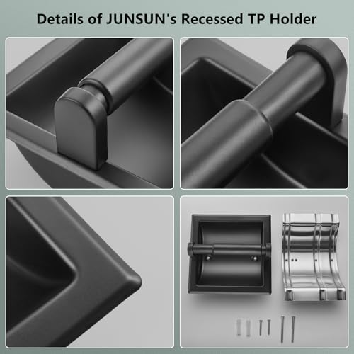 JunSun Recessed Toilet Paper Holder Matte Black Stainless Steel Toilet Paper Roll Holder Tissue Holder Modern Tissue Roll Dispenser 6" X 6" Square Jumbo Mega Roll Holder Rear Mounting Bracket Included - color: Matte Black