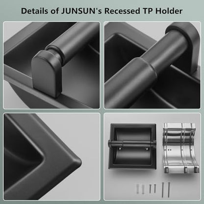 JunSun Recessed Toilet Paper Holder Matte Black Stainless Steel Toilet Paper Roll Holder Tissue Holder Modern Tissue Roll Dispenser 6" X 6" Square Jumbo Mega Roll Holder Rear Mounting Bracket Included - color: Matte Black