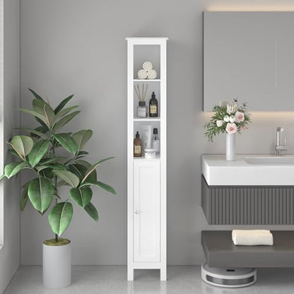 66.9" White Tall Bathroom Storage Cabinet, Slim Freestanding Narrow Linen Tower with 1 Door, Adjustable Shelves, Open Compartments & Anti-Tip Design for Small Spaces, Bathroom, Living Room
