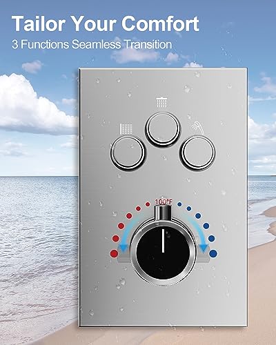 Shower Faucet Set with Handheld Spray, Brushed Nickel | 12" Ceiling Mount SUS304 Rainfall Shower Head System, 6" Side Head, 3-Function Thermostatic Valve Trim Kit, All Metal - color: Brushed Nickel