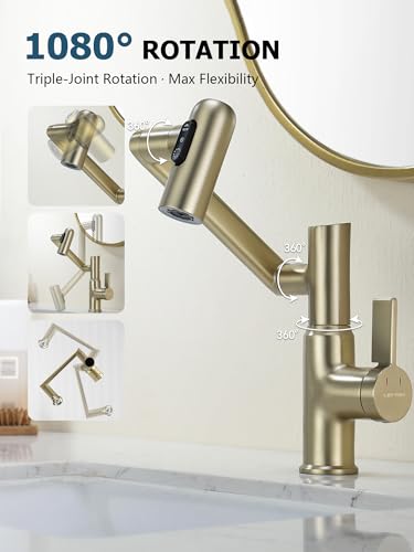 Rotatable Bathroom Faucet with Temperature Display in Fahrenheit (Batteries-Free), 3 Water Outlet Modes, Brushed Gold - color: Gold
