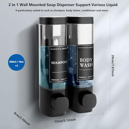 Shampoo and Conditioner Dispenser, 2 Chamber 300ml, Wall Mounted, Black | Shower Soap Dispenser, Refillable Hand Soap Dispensers, Body Wash Dispenser for Bathroom, Kitchen, Hotel, Home - color: Black, size: 2 Chamber