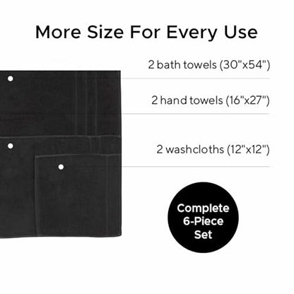 Veteran Textile LLC - 6 Pieces - Turkish Cotton - Luxury Towel Set for Bathroom & Kitchen, 2 Bath Towels, 2 Hand Towels & 2 WashCloths *Valued $79.99* (Black) - color: Black