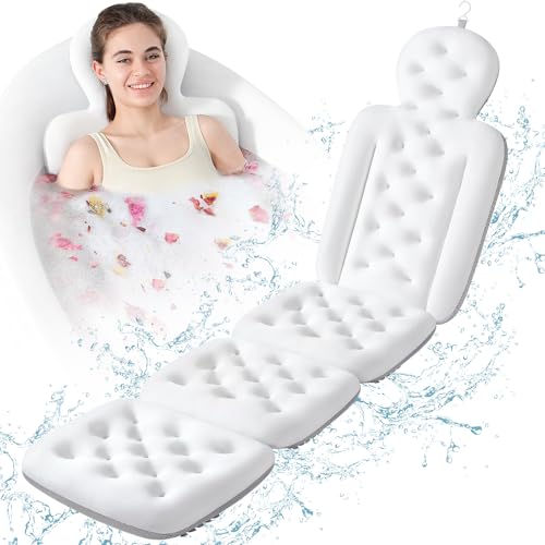 Luxury Bath Cushion, Full Body Bathtub Pillow with 160 Suction Cups, Bath Mat for Head and Neck Support, with Laundry Bag (White, 60" x 16") - color: White, size: 60" X 16"