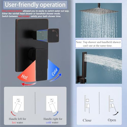 16 Inch Oil Rubbed Bronze Ceiling Mount Shower System Bathroom Luxury Rain Mixer Shower Combo Set Ceiling Rainfall Shower Head System Faucet Contain Rough-in Valve and Trim Included - color: Oil Rubbed Bronze, size: 16 Inch
