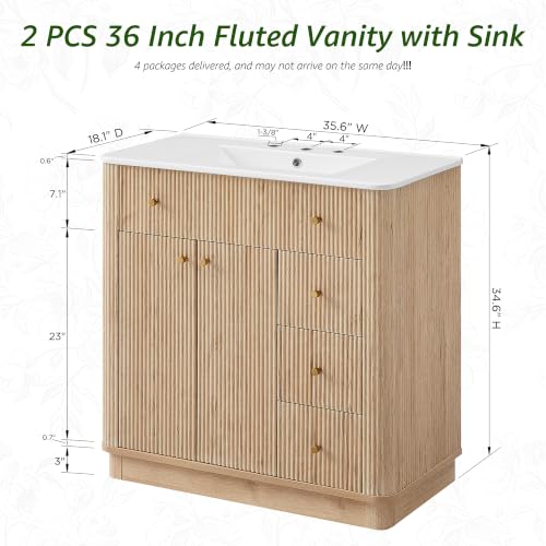 T4TREAM 72" Fluted Bathroom Vanity with 2 Single Sinks, Natural Oak | Integrated Ceramic Sink, Large Storage Cabinet, Adjustable Shelf, 3 Drawers, Three pre-drilled faucet holes, Mid-Century - color: Natural Oak, size: 72" (2 Single Sinks)