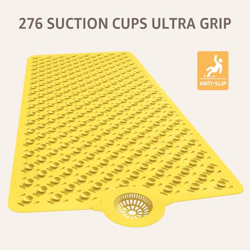 OTHWAY Bath Mat for Tub Non Slip: 39" X 17" Long Bathtub Mat with Hair Catcher│Big Drain Holes Shower Mats for Inside Shower│Machine Washable (Yellow) - color: Yellow