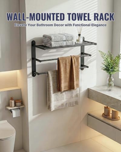 24 Inch Towel Racks for Bathroom: Matte Black Bathroom Towel Rack with Double Towel Bar Wall Mounted - SUS304 Stainless Steel Bath Towel Bar with Shelf for Hotel Lavatory - color: Matte Black
