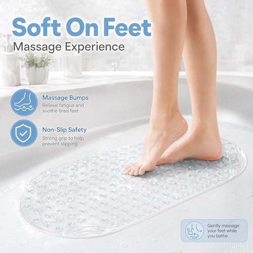 Anti Slip Bathtub Mat,Non Slip Bath Mat,16x35 Inch Extra Long Tub Mat,Machine Washable Bathroom Shower Mat with Suction Cups and Drainage Holes,Soft on Feet (White) - color: Clear White