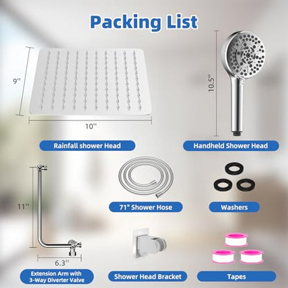 10" Metal Rainfall Shower Head with 10-Mode Handheld, Chrome | NSF/ANSI/CAN 372 Certified, High Pressure Showerhead Combo with 11" Adjustable Shower Arm, 71" Hose, Shower Head Holder - color: Chrome, style: Square 10"