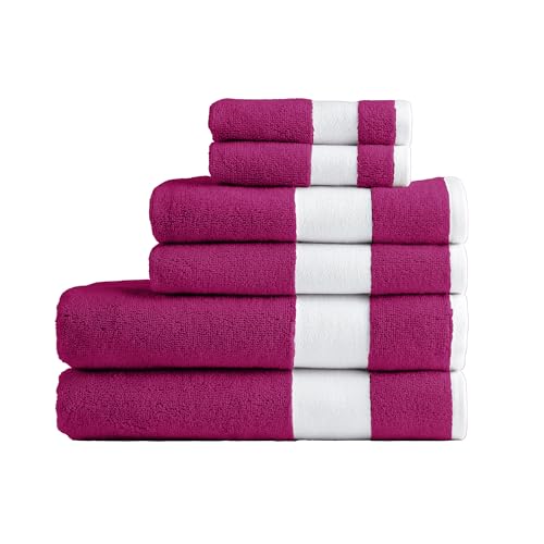 Lacoste Sport Stripe 6-Piece Luxury Cotton Towel Set – Made with 100% Soft Supima Cotton, Absorbent & Quick-Drying, Includes 2 Bath Towels, 2 Hand Towels, 2 Washcloths, Magenta - color: Magenta