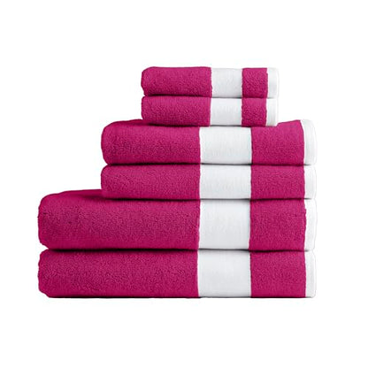 Lacoste Sport Stripe 6-Piece Luxury Cotton Towel Set – Made with 100% Soft Supima Cotton, Absorbent & Quick-Drying, Includes 2 Bath Towels, 2 Hand Towels, 2 Washcloths, Magenta - color: Magenta