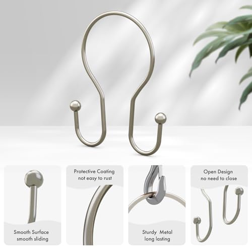 AmazerBath Shower Curtain Hooks Brushed Nickel Shower Curtain Rings, Simple Double Hook Shower Curtain Hooks Rust Proof, Smooth Glide Metal Shower Hooks for Shower Curtain, 12Pcs Shower Rod Hooks - color: Nickel, style: Minimalist - Double Shower Hooks
