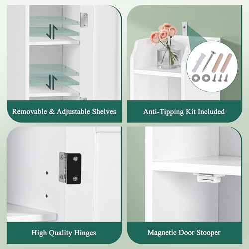 ZENY Slim Bathroom Storage Cabinet, Narrow Bathroom Cabinet with Door and Adjustable Shelves, Freestanding Toilet Paper Storage Cabinet for Small Spaces (White)