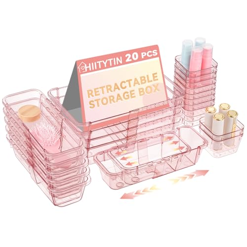 20 Pcs Adjustable Clear Drawer Organizer, Extendable Vanity Storage Bins, Desk Drawer Organizer Set for Makeup, Cosmetics, Bedroom, and Gadgets, Pink - color: Pink, size: 20 Pcs
