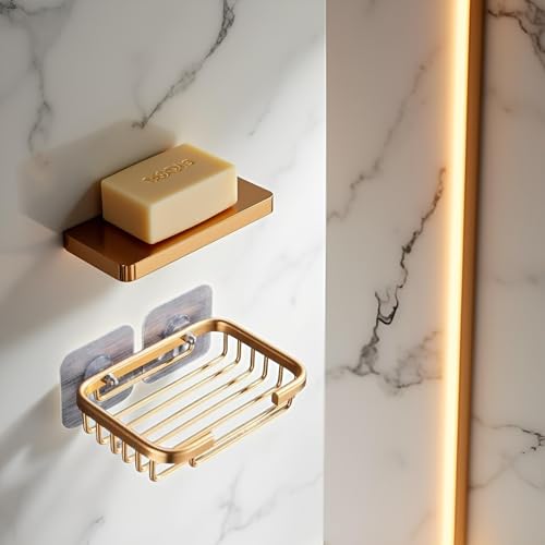 Gold Bar Soap Holder for Shower Wall, Stainless Steel Adhesive Soap Dish for Bathroom, Drill Free Soap Holder Storage Rack Soap Dishes, Holders and Dispensers, Bathroom Soap Dishes