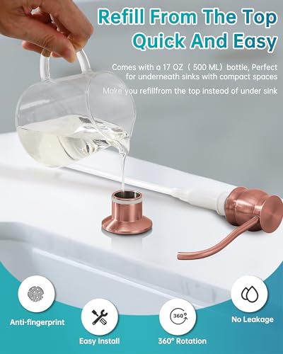 Brass Kitchen Soap Dispenser, Red Copper in Sink Liquid Dish Soap Dispenser with High Capacity 500ML （17oz） ABS Bottle, Under Sink Hand Metal Dispenser Pump - color: Red Copper, size: Without Hose