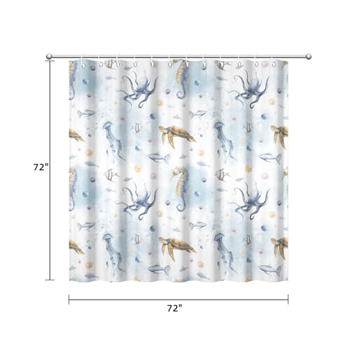 Yeele Ocean Creatures Watercolor Shower Curtain, Turtle Octopus Blue Print Shower Curtain, Waterproof Machine Washable Fabric Bath Curtain 72x72 Inch with Grommets and Hooks - color: Blue 1, size: 72"Wx72"L