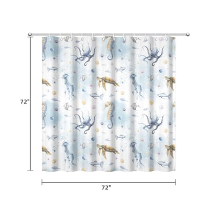 Yeele Ocean Creatures Watercolor Shower Curtain, Turtle Octopus Blue Print Shower Curtain, Waterproof Machine Washable Fabric Bath Curtain 72x72 Inch with Grommets and Hooks - color: Blue 1, size: 72"Wx72"L