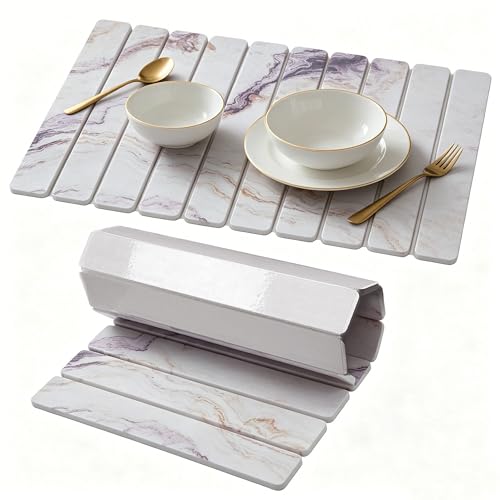 Stone Drying Mat for Kitchen Counter, Quick Diatomaceous Earth Mats for Dishes, 24"L x 16" W Super Absorbent Fast-Drying Collapsible Countertop Stone Mat (Marble White-06, 24" x 16") - color: Marble White-06