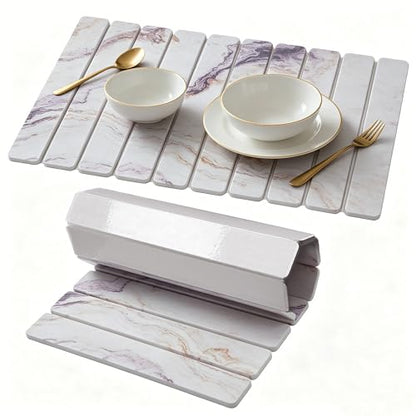 Stone Drying Mat for Kitchen Counter, Quick Diatomaceous Earth Mats for Dishes, 24"L x 16" W Super Absorbent Fast-Drying Collapsible Countertop Stone Mat (Marble White-06, 24" x 16") - color: Marble White-06